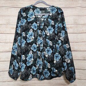 Torrid Blouse Women Size 1 Georgette Pintuck Floral Skull Button Black Blue